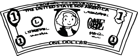 Deformed Cute hand-painted 1 US dollar banknote outline