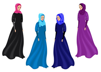 Collection. Silhouette of a sweet lady. The girl wears traditional Muslim women's clothing, hijab. Young and beautiful woman. Vector illustration set