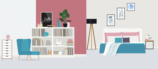 Blue armchair against the backdrop of a pink wall in a spacious, bright bedroom. Vector flat illustration.