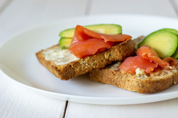Sandwiches with trout and avocado on a white background. Healthy eating.