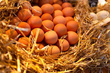 Basket with big natural ecological farm chicken eggs on the hay with warm light