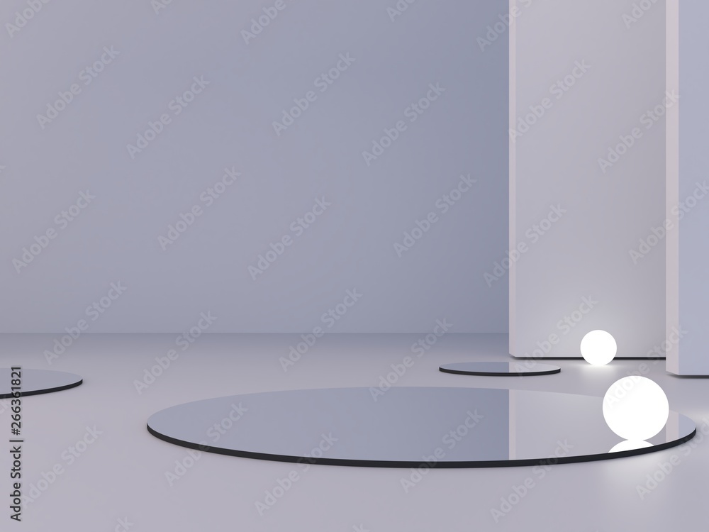 Poster white background to show cosmetic products. minimal empty scene with mirrows in the floor and spheri