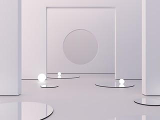 White background to show cosmetic products. Minimal empty scene with mirrows in the floor and spherical lights. Circle in background wall. Empty showcase. Geometrical forms. 3d rendering illustration.