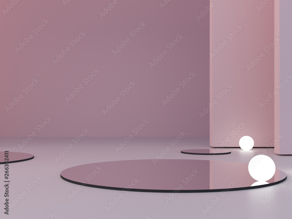 Fototapete Pink background to show cosmetic products. Minimal empty scene with mirrors in the floor and spherical lights. Circle in background wall. Empty showcase. Geometrical forms. 3d rendering illustration.