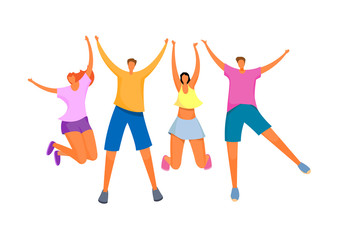 Group of young happy people. Boys and girls happily raised their hands up. Friends on summer vacation. Vector illustration.