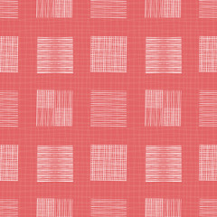 White hand drawn individual doodle squares of different shapes. Geometric seamless pattern on coral grid textured background. Great for wellness, beauty products, stationery, fabric , packaging