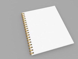 White spiral notepad mockup on gray background. 3d render illustration.