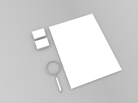 Sheet of paper magnifying glass and business cards on a gray background. 3d render illustration.