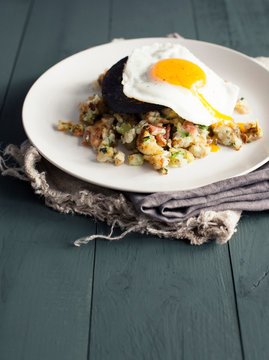 Bubble and Squeak with black pudding and fried egg