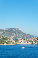 Fototapeta na wymiar Panoramic view of Villefranche bay with boats and beaches