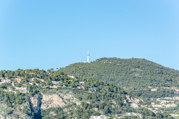 Panoramic view of Villefranche bay with boats and beaches