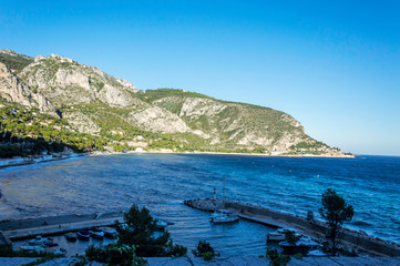 Panoramic view of Villefranche bay with boats and beaches