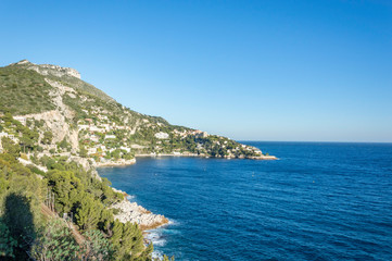 Panoramic view of Villefranche bay with boats and beaches