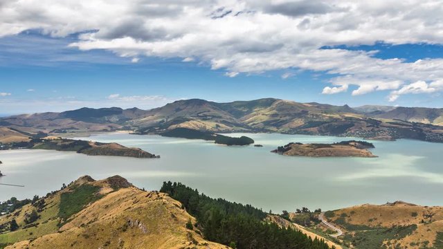 Panorama view of lake in New Zealand landscape in sunny summer day Time lapse