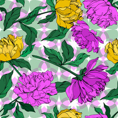 Vector Peony floral botanical flower. Black and white engraved ink art. Seamless background pattern.