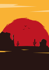 Wild West landscape with mountains and cactus. Sunset at the Texas. Vector illustration.