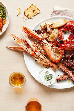 Platter of Grilled Seafood with Beer and Flatbread