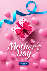 Fototapeta na wymiar Happy Mother's Day Sale Poster or banner with gift box and sweet heart.Happy Mother's Day.Trendy Design Template for Mother's Day and love concept.Vector illustration EPS10