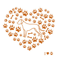 Dalmatian silhouette on a background of dog tracks and bones in the form of heart.