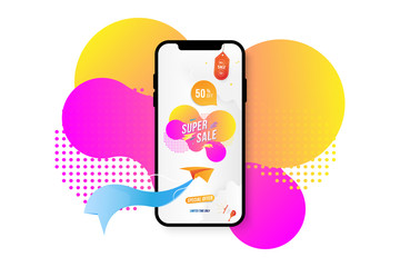 Banner Super Sale in Mockup Smartphone. Special offer 50% with paper plane and loudspeaker on colour liquid background. Flat vector illustration EPS 10