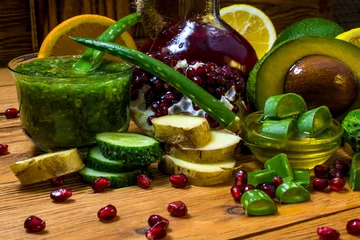 Foto op Plexiglas Vegetables and fruits used in medicine and cosmetology in combination with aloe vera. © Andrii