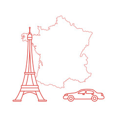 Map of France, tower, car.