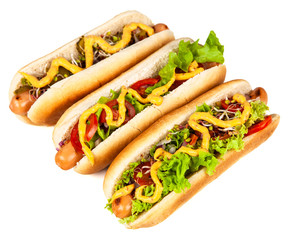 Delicious hotdogs on white background