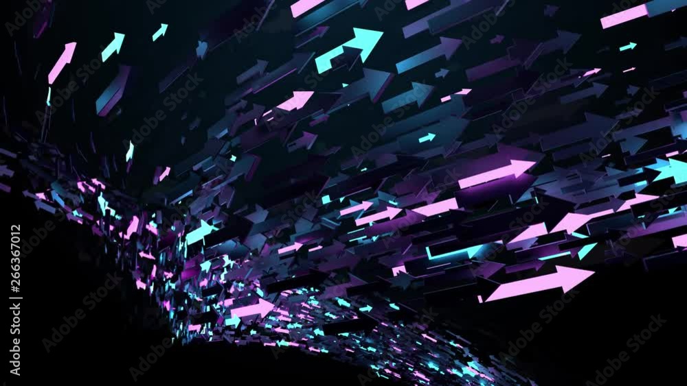 Poster 3d render background with arrows that fly. abstract particles massive flow. some arrows are glowing.