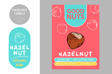 Hazelnut labels with brush stroke elements. Cartoon drawn nuts. Nut product Badge with text: gluten free, low glycemic index, no sugar alcohols, 0g trance fat. Raw organic sticker ready for web, print