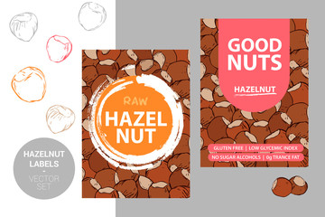 Hazelnut labels with brush stroke elements and cartoon drawn nut texture. product Badge with text: gluten free, low glycemic index, no sugar alcohols, 0g trance fat. sticker ready for web, print