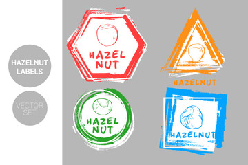 Hazelnut colorful label set. Raw organic nuts Badge shapes. Creative Nut tags. Raw food stickers ready for web and print. Painting brush style labels. Brush stroke badges.