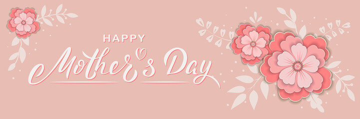 Happy Mother's day design with hand lettering text, paper cut flower and branches. Mothers day sign for banner, postcard, invitation, poster, email, greeting card. Vector season greeting