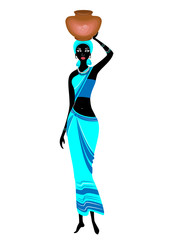 A slender African-American lady. The girl carries a jug on her head. The woman is beautiful and young. Vector illustration