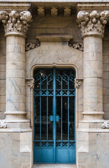 Obraz premium The door of the stone crypt on the Montjuic Cemetery closeup front view, Barcelona, Catalonia, Spain