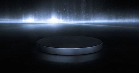 Abstract blurred particles and light background with product stand. 3d illustration.