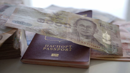 Concept Preparing for travel, money, passport, plane, close up