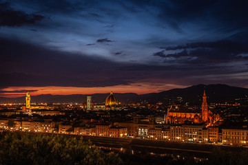 Fototapeta na wymiar Florence (Firenze) night cityscape. Beautiful night view of Florence, Santa Maria Novella and Florence Duomo, Florence Palazzo Vecchio, Italy.