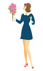 Young schoolgirl with flowers. The girl is very nice, she has a good mood, a smile. The lady will give the bouquet to the teacher. Vector illustration