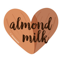 Almond nuts in shap of heart. Vector illustration. Almond Icon or logo. Isolated nuts on background. Almond milk illustration, design elements, package design concept. Vegan, vegetarian, eco food