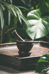 Mortar and pestle on tropical background, close up