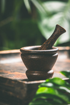 Mortar And Pestle On Tropical Background, Close Up