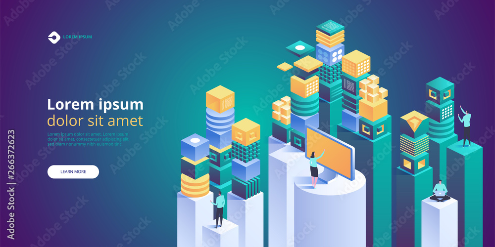 Poster big data flow processing concept, cloud database, isometric vector