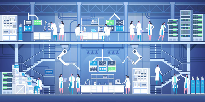 Professional scientists at modern laboratory interior. Vector illustration