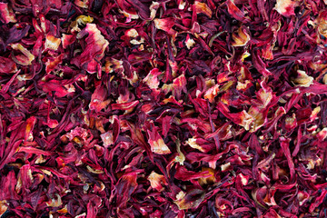Hibiscus tea background. Close up. Top view.