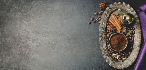 Obraz na płótnie Canvas Coffee composition with vintage manual coffee grinder