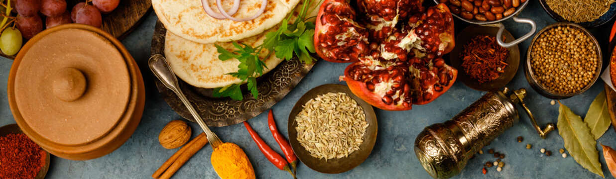 Middle eastern or arabic tradition ingredients, flat lay