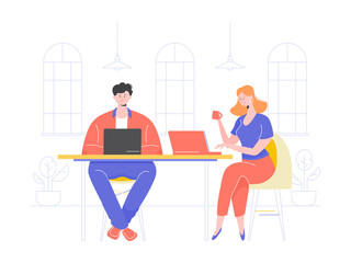 The guy and the girl work for laptops in a cafe or coworking. Designer and programmer organized a startup. Joint project, online training, web surfing, lunch break. Vector illustration.