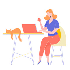 Young cute girl character sitting at the desk. She works with a laptop, drinks coffee, a red cat is lies near. Female freelancer, student, surf the Internet. Vector illustration.