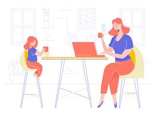 Mom and daughter in the living room. The girl plays with cubes, child development activity. Mom works on a laptop, freelance via the Internet. Evening idyll. Vector illustration in the interior
