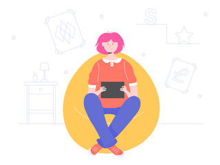 Teen girl sitting with a tablet in her room in a chair bag. Playing or learning, looking for information on the Internet. Portable gadget. Vector illustration in the interior.